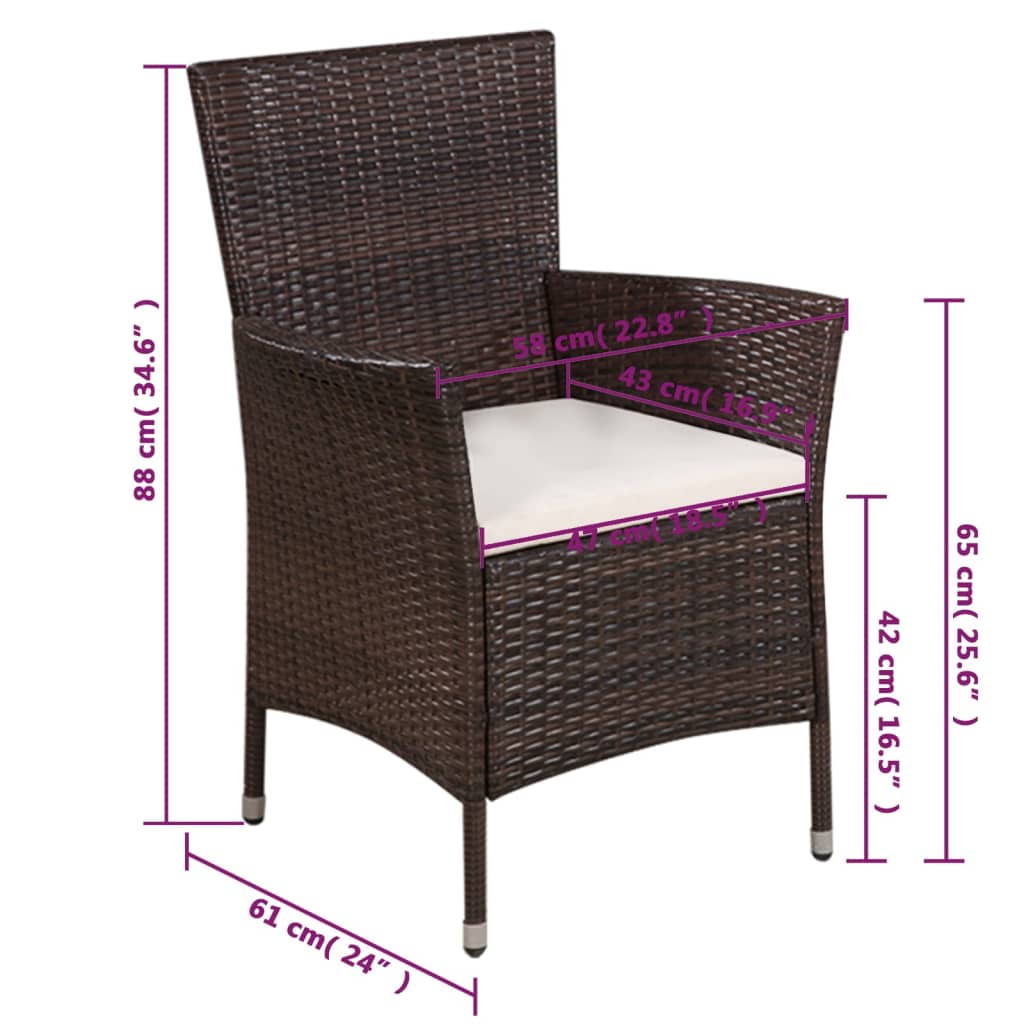 Garden chair and stool with padding poly rattan brown