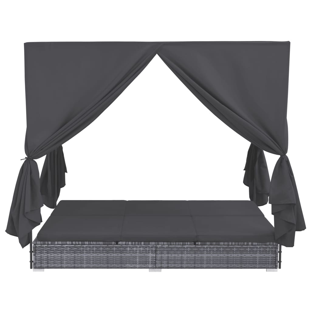 Outdoor Lounge Bed with Curtains Poly Rattan Gray