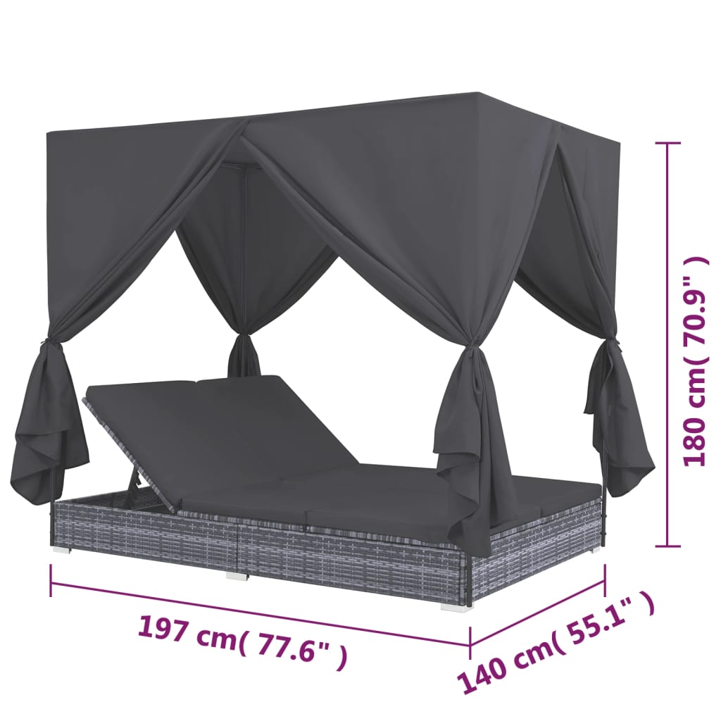 Outdoor Lounge Bed with Curtains Poly Rattan Gray
