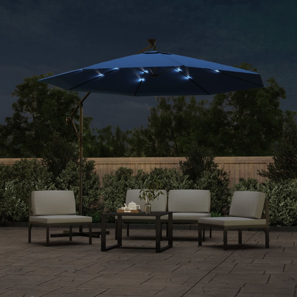 Parasol déporté avec lumières LED et mât en acier 300 cm bleu azur