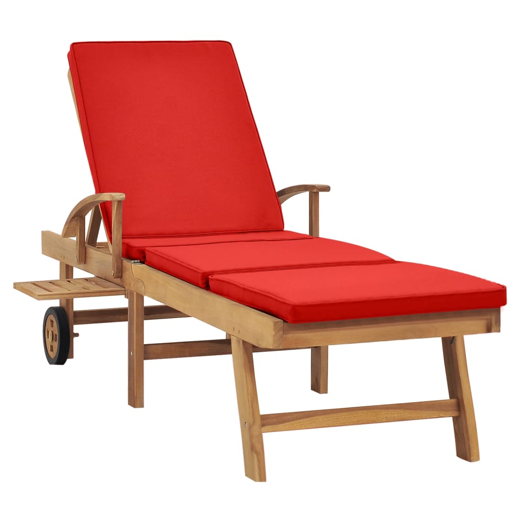 Sun lounger with cushion solid teak red