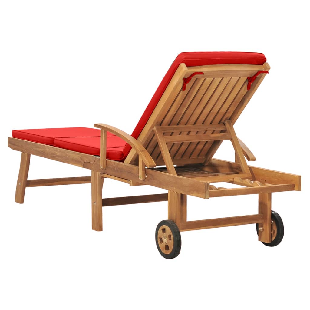 Sun lounger with cushion solid teak red