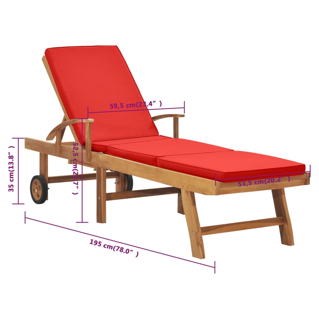 Sun lounger with cushion solid teak red