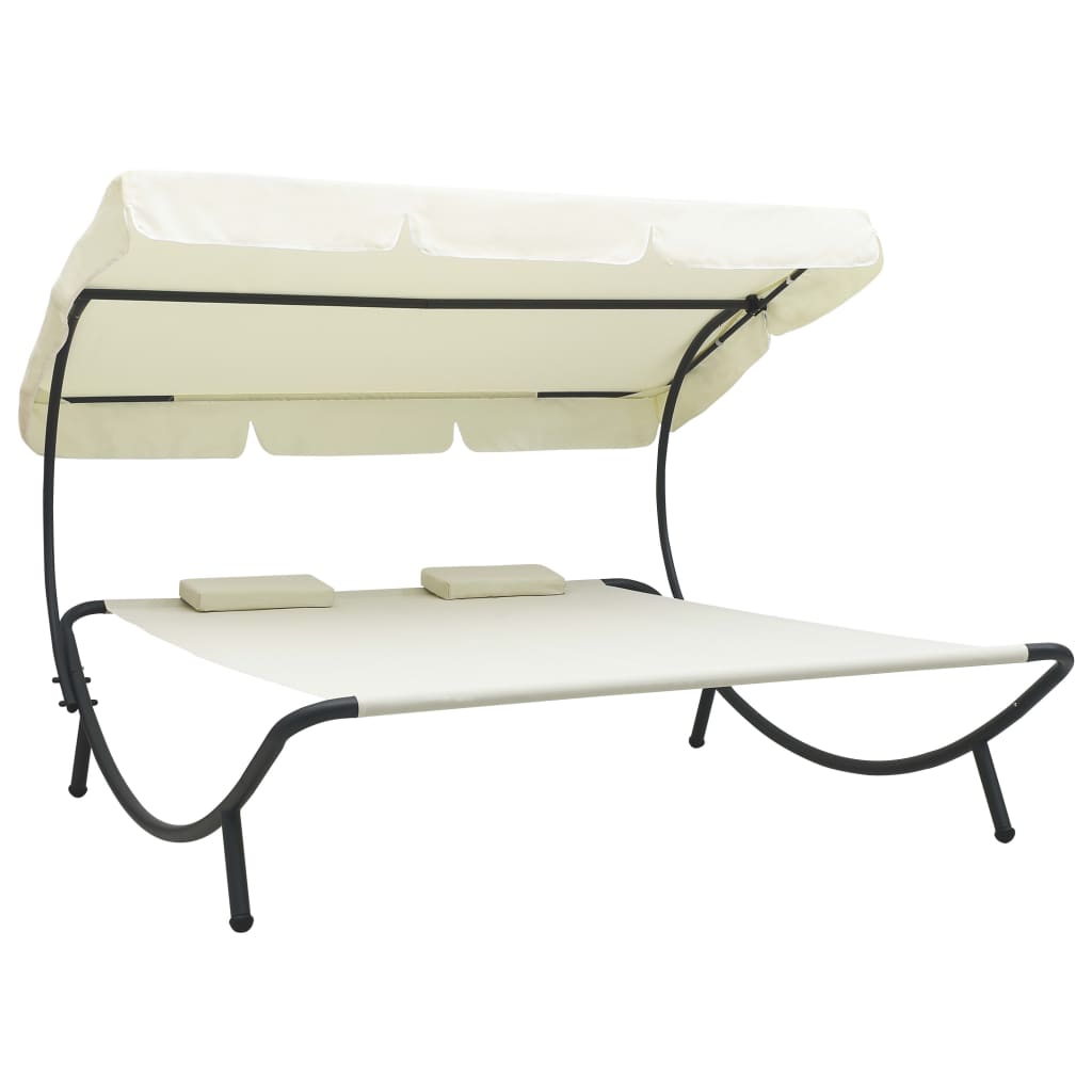 Bain de soleil de jardin avec auvent et coussins blanc crème