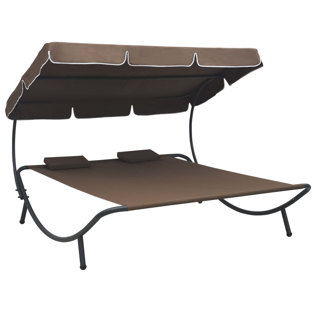 Chaise longue de jardin avec auvent et coussins marron