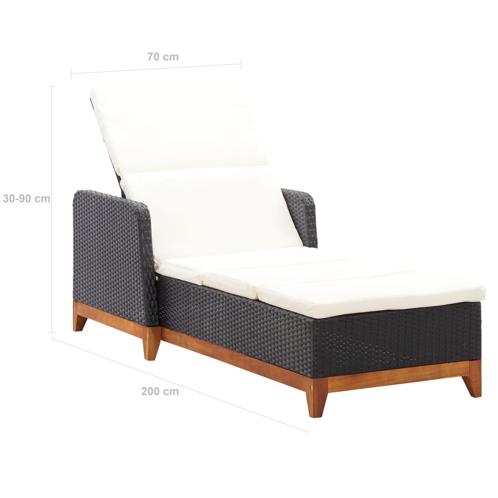 Sun lounger poly rattan and solid black acacia wood