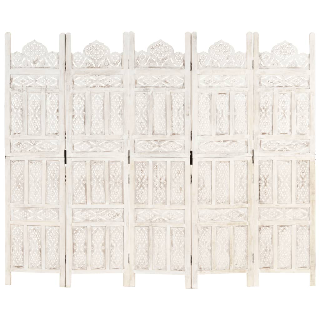 5tlg. Raumteiler Handgeschnitzt Weiß 200×165cm Mango Massivholz