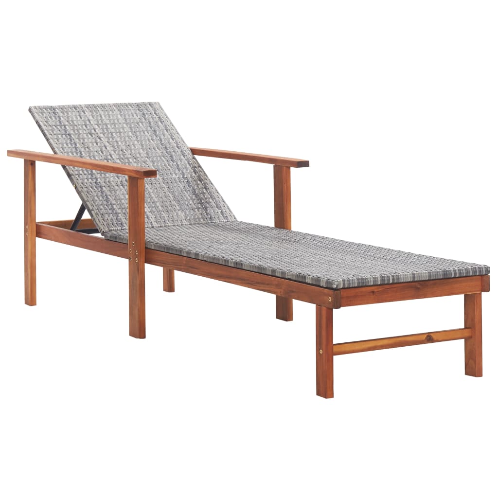 Sun lounger poly rattan and solid acacia gray wood