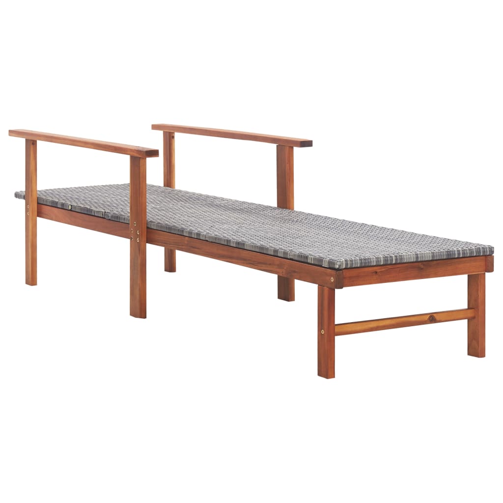 Sun lounger poly rattan and solid acacia gray wood