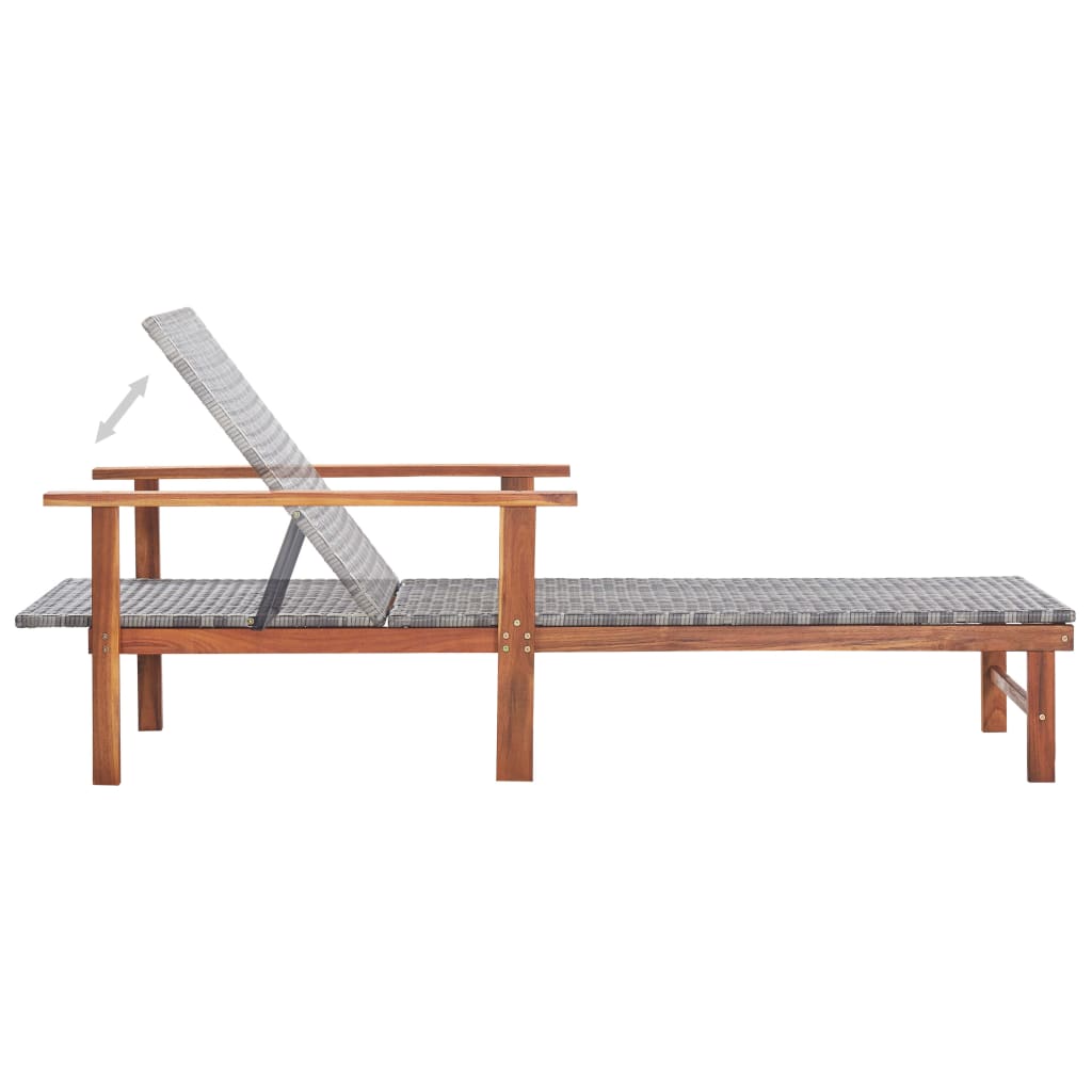 Sun lounger poly rattan and solid acacia gray wood