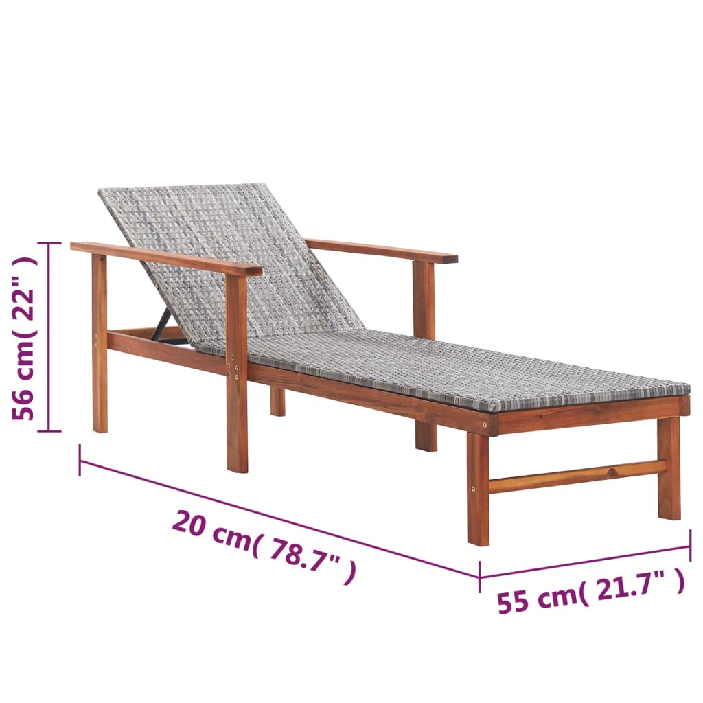 Sun lounger poly rattan and solid acacia gray wood
