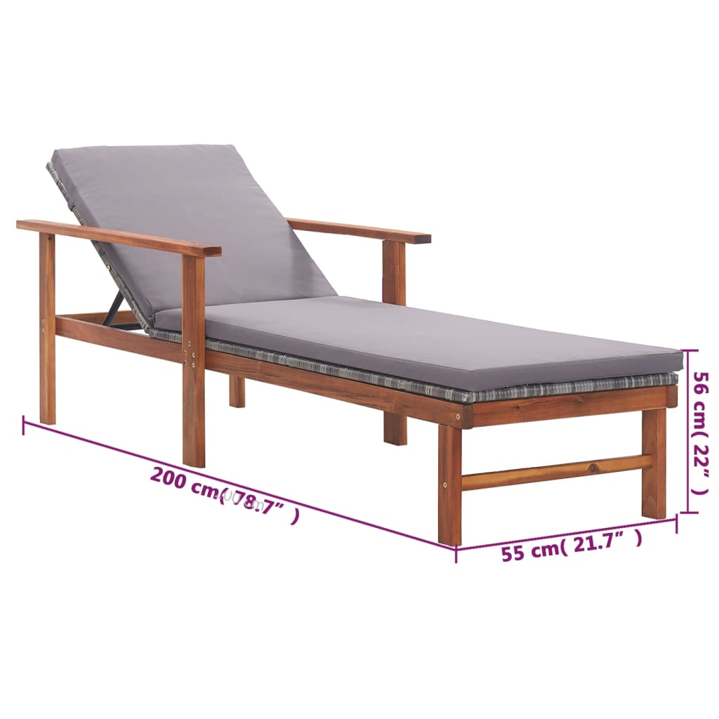 Bain de soleil avec coussin poly rotin bois massif d'acacia gris