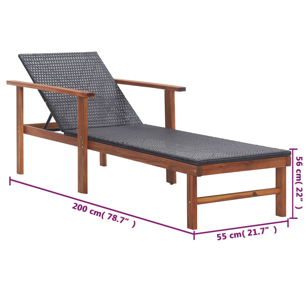 Sun lounger poly rattan and solid black acacia wood