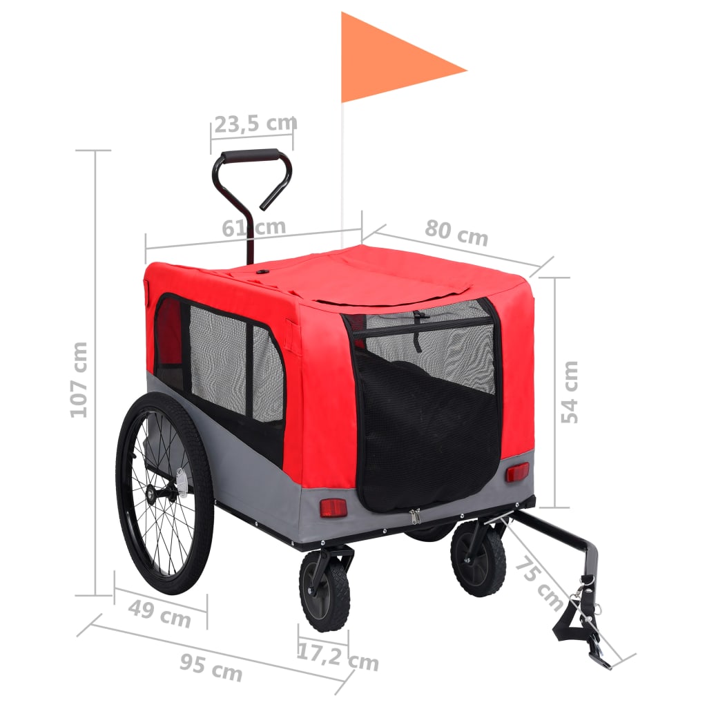 2-in-1 bike trailer for dogs and buggy red and gray