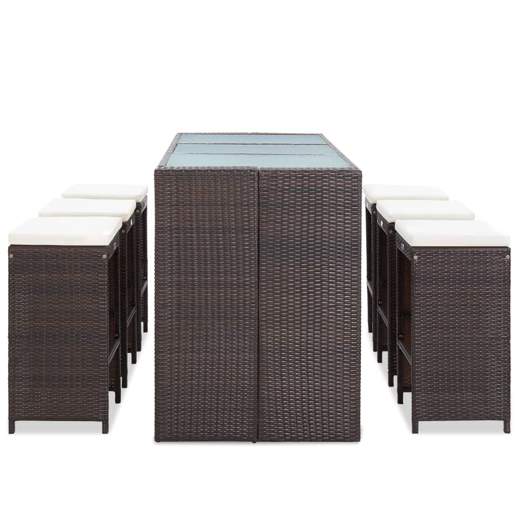 7 pcs. Garden bar set with cushions poly rattan brown