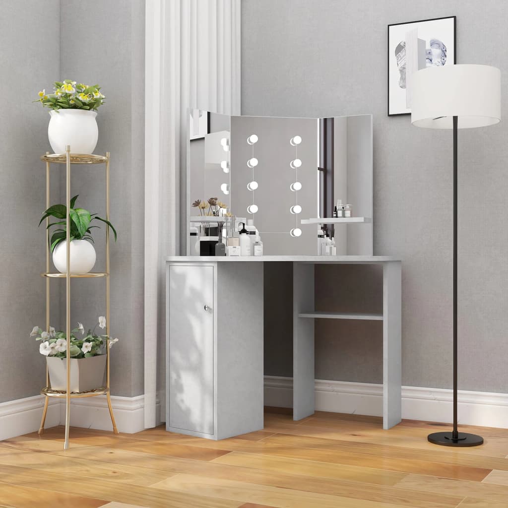 Coiffeuse d'angle avec LED gris béton 111x54x141,5 cm