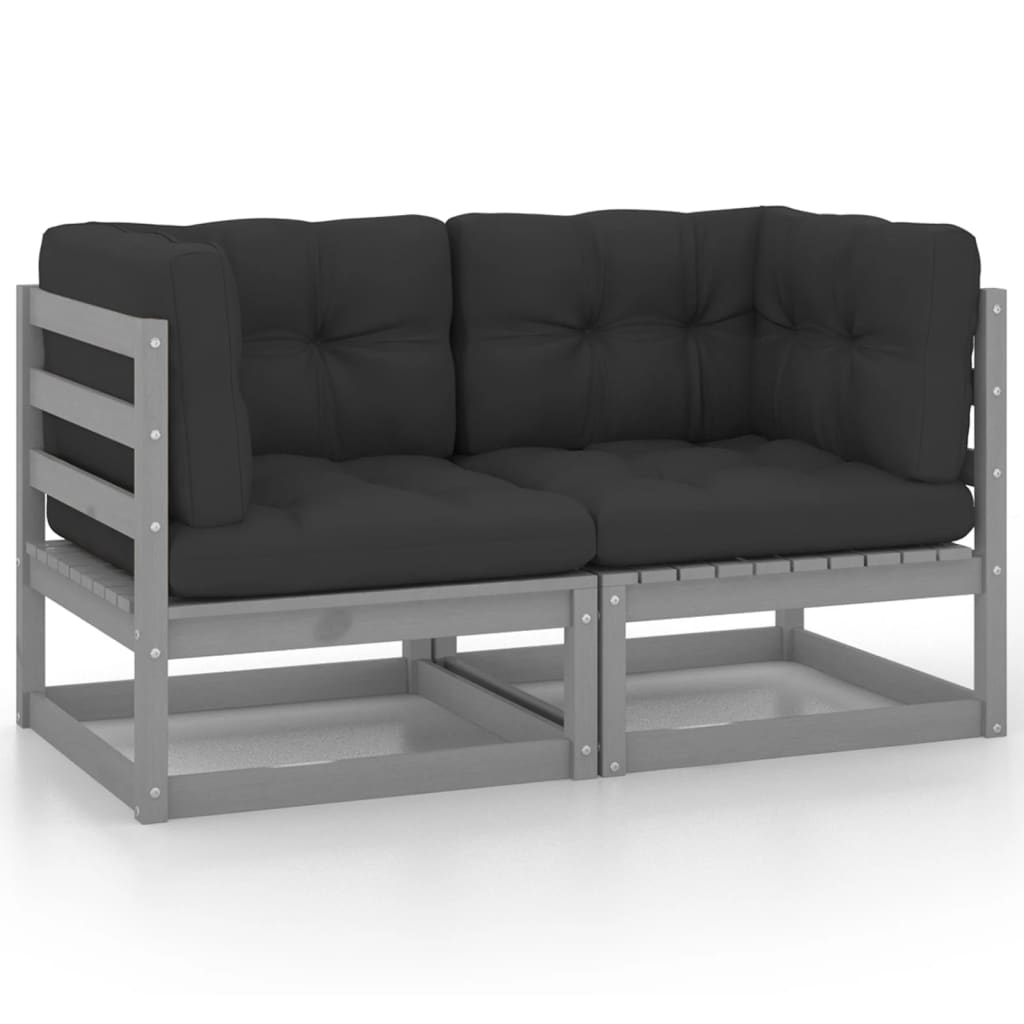 Garden sofa 2-seater with cushions gray solid pine wood