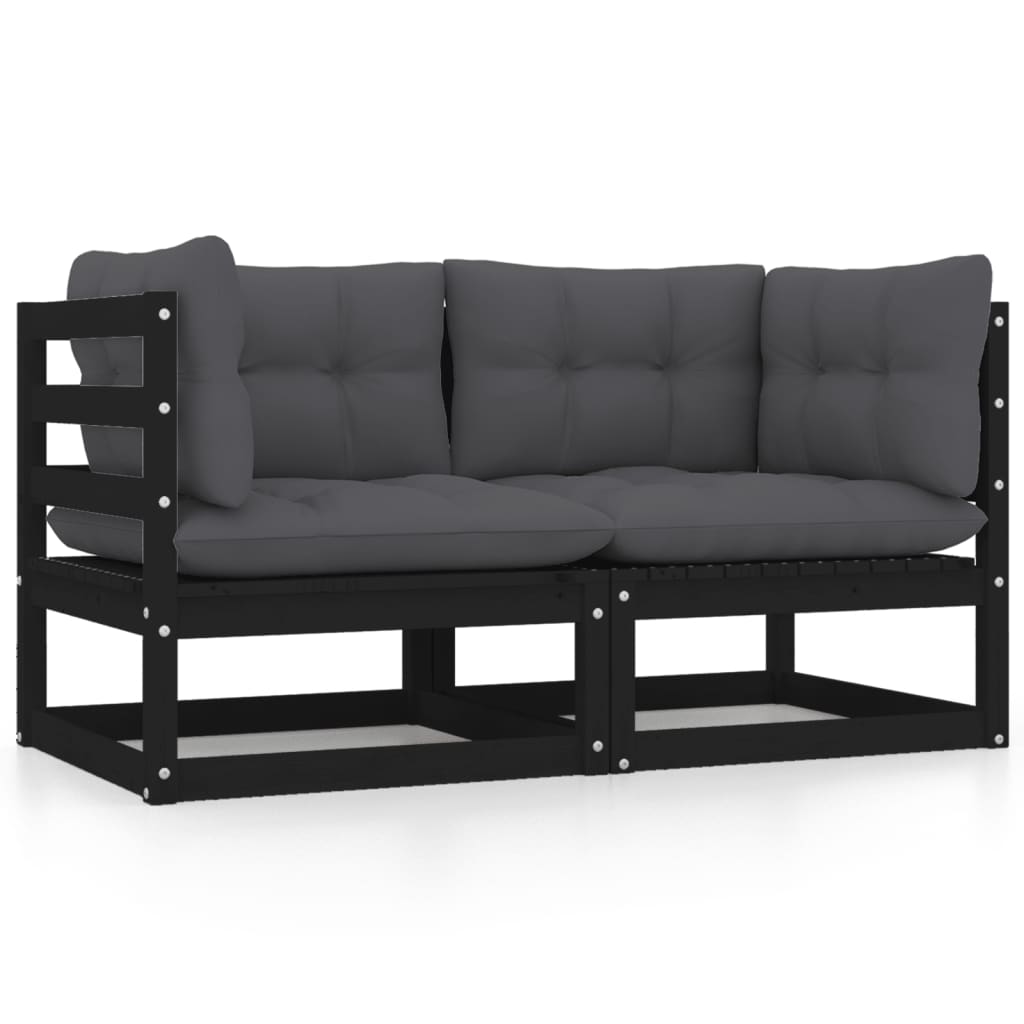 Garden sofa 2-seater with cushions black solid pine wood