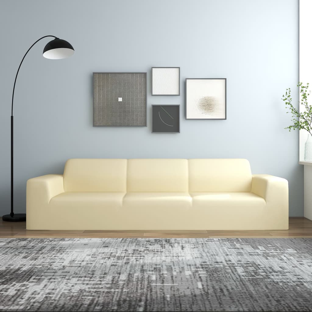Stretch sofa cover 4-seater cream polyester jersey