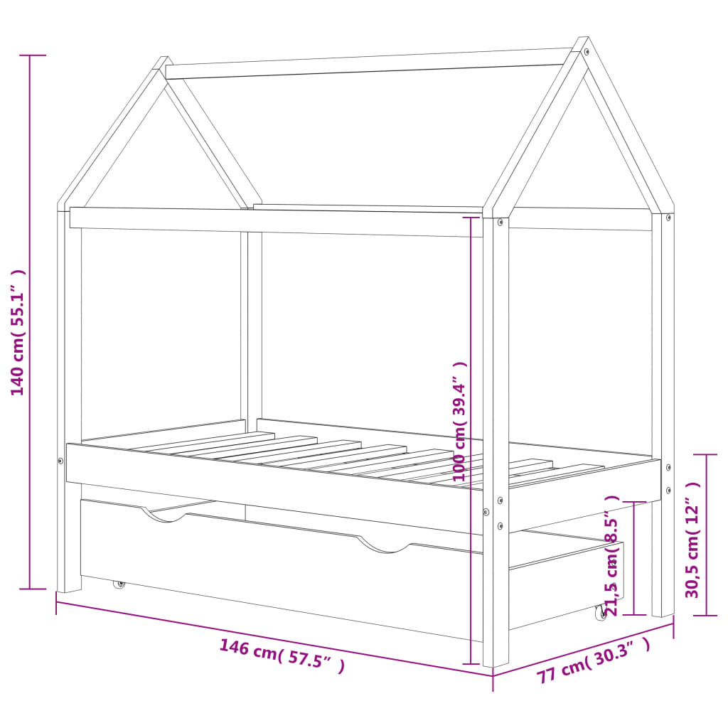 Children's bed with drawer solid pine 70x140 cm