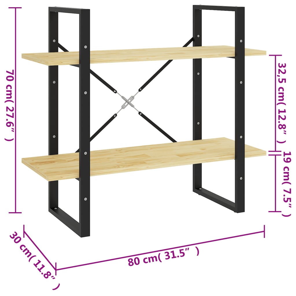 Bibliothèque 2 étagères 80x30x70 cm bois de pin massif