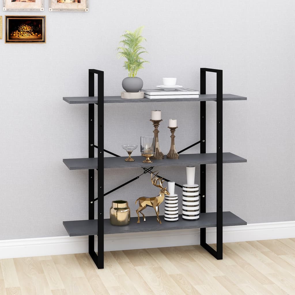 Bookcase 3 compartments gray 100x30x105 cm solid pine wood