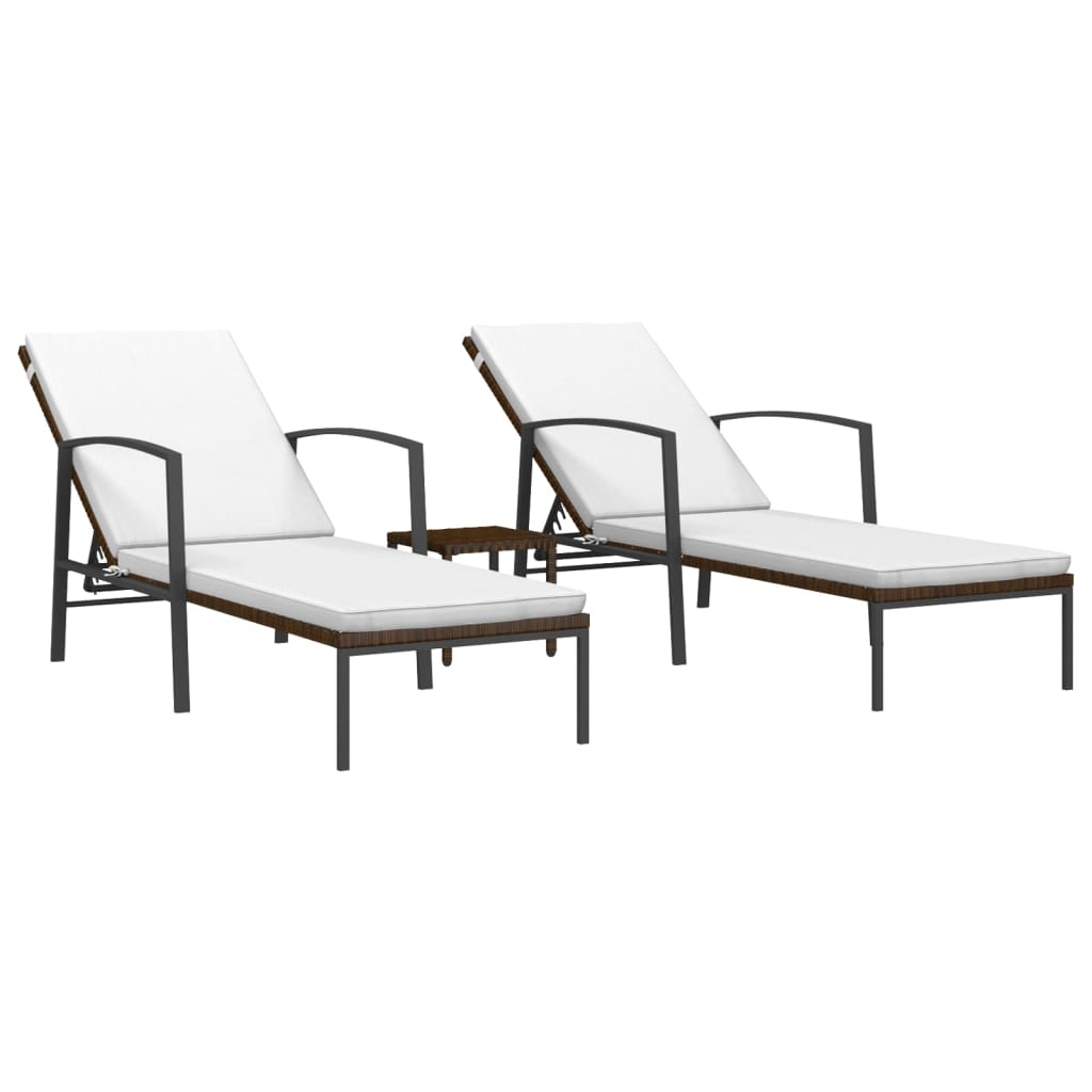 Sun loungers 2 pieces with table poly rattan brown