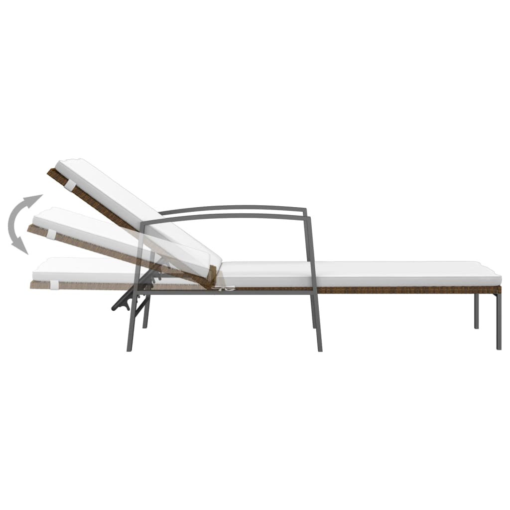 Sun loungers 2 pieces with table poly rattan brown