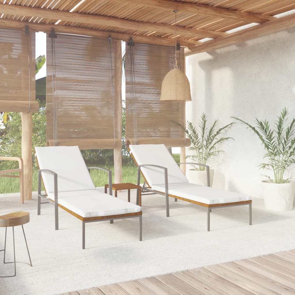 Sun loungers 2 pieces with table poly rattan brown