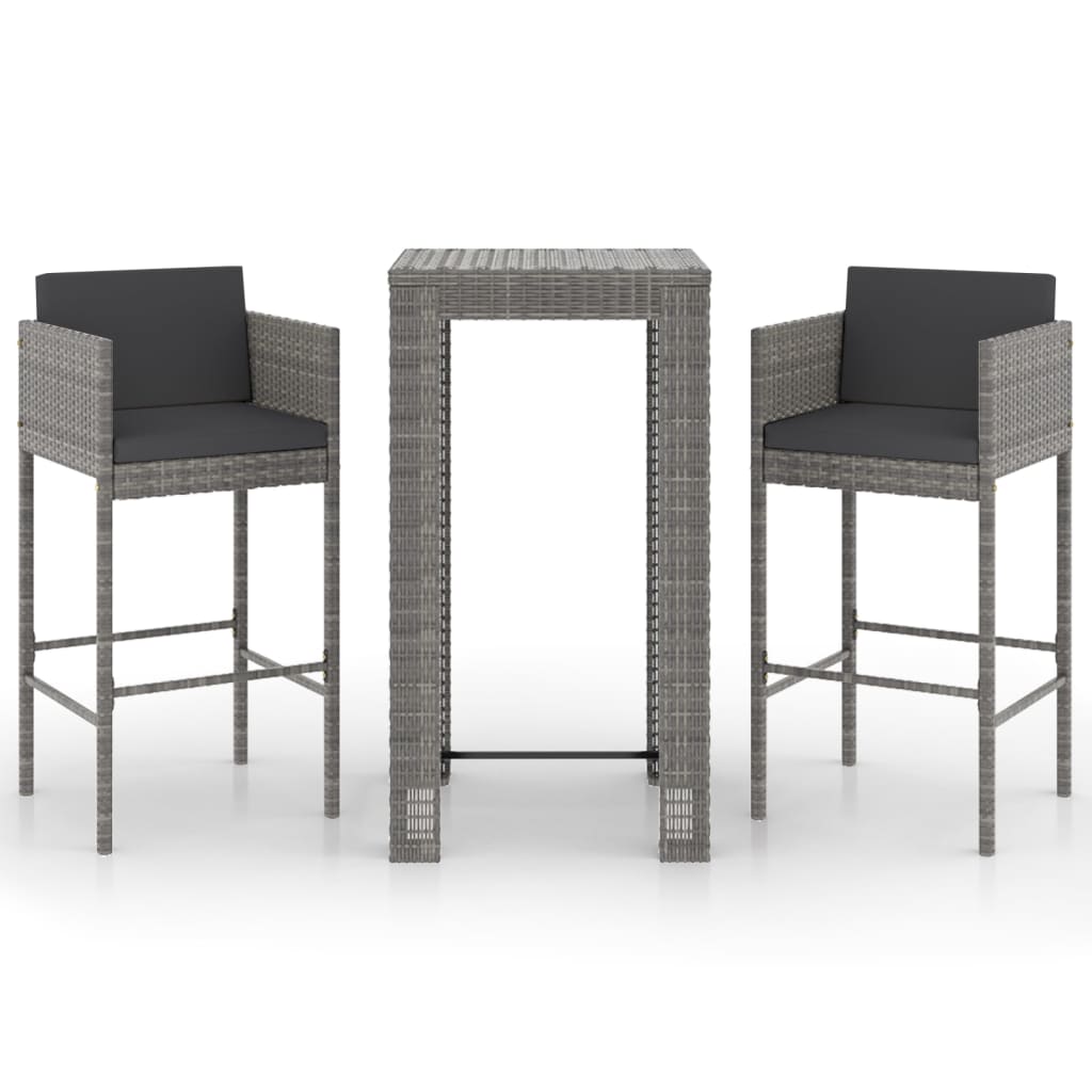 3-tlg. Gartenbar-Set mit Kissen Poly Rattan Grau