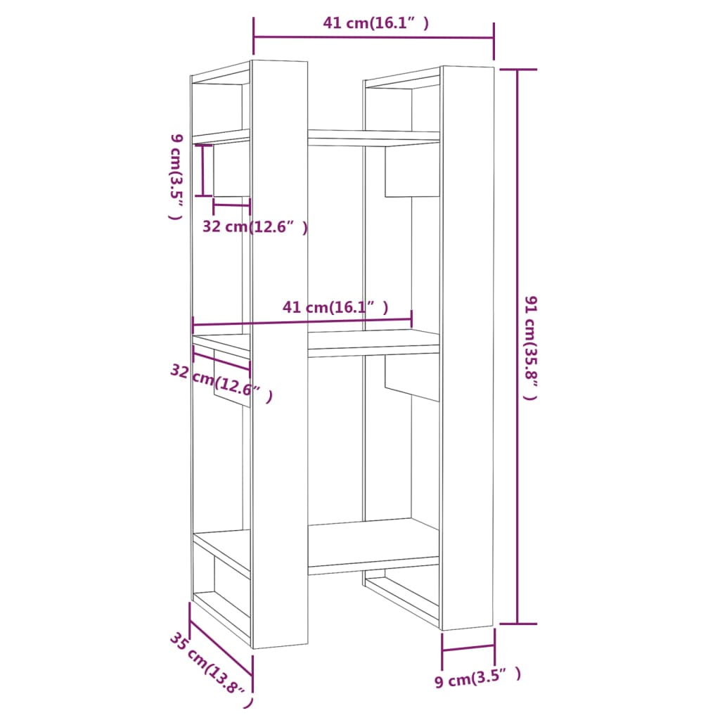 Bookcase/room divider white 41x35x91 cm solid pine wood