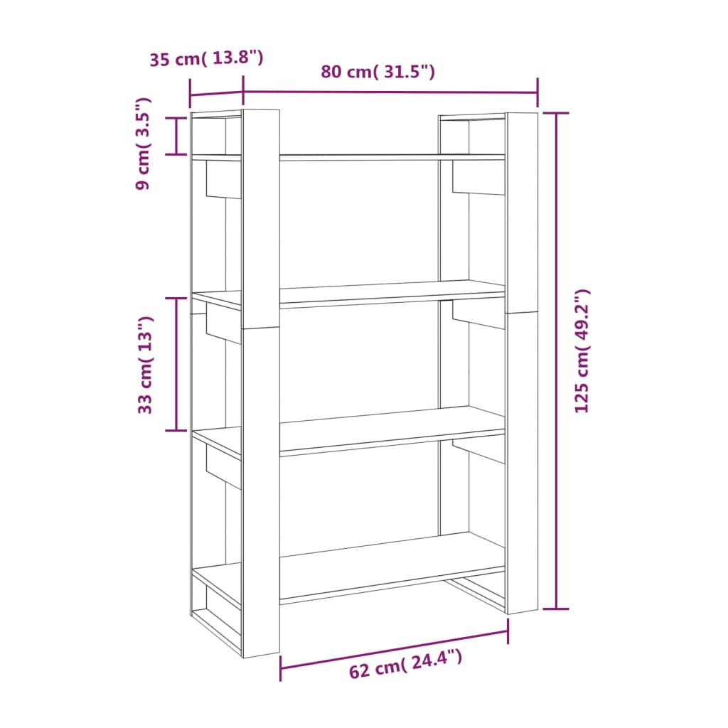 Bookcase/room divider white 80x25x125 cm solid pine wood