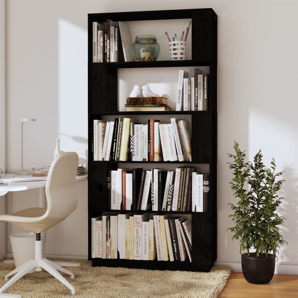 Bookcase/room divider black 80x25x163.5 cm solid pine wood