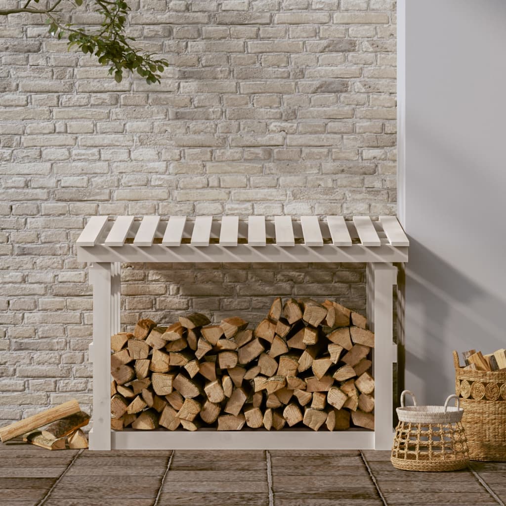 Firewood shelf white 108x64.5x77 cm solid pine wood