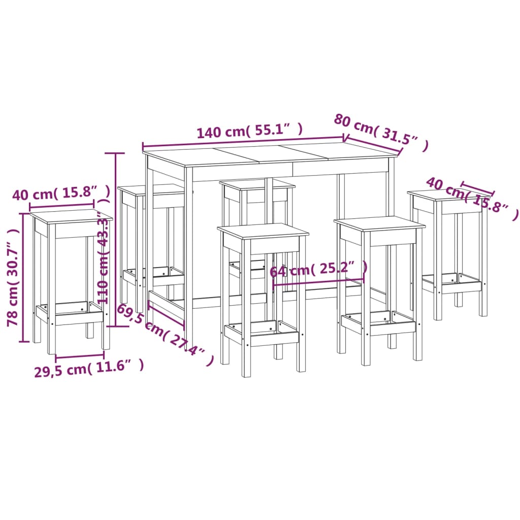 7-piece bar set solid pine