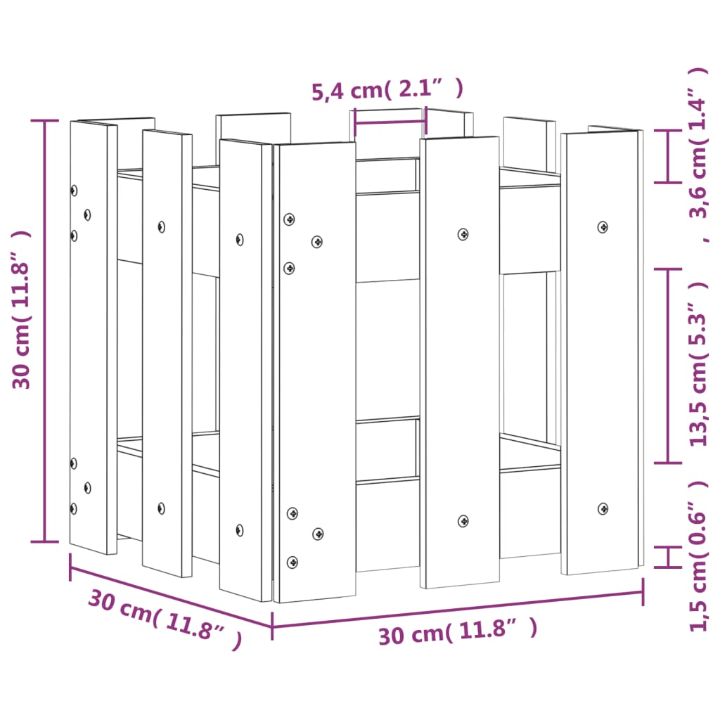Plant pot picket fence design 30x30x30 cm solid Douglas fir wood