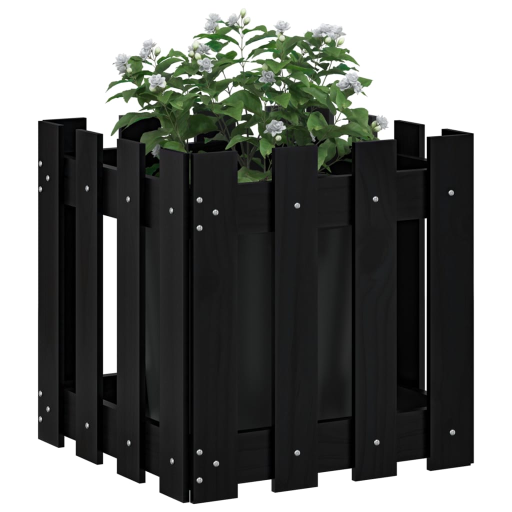 Plant pot picket fence design black 40x40x40 cm pine wood