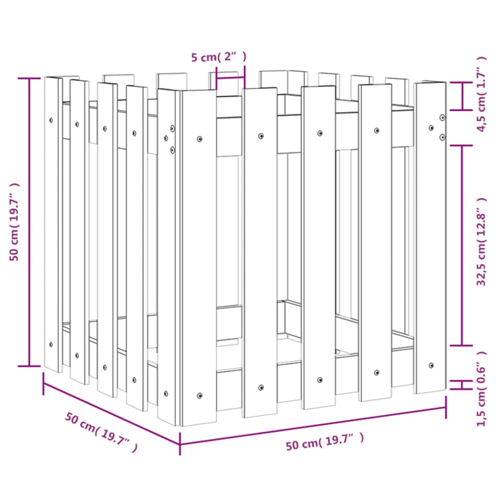 Plant pot picket fence design 50x50x50 cm solid Douglas fir wood