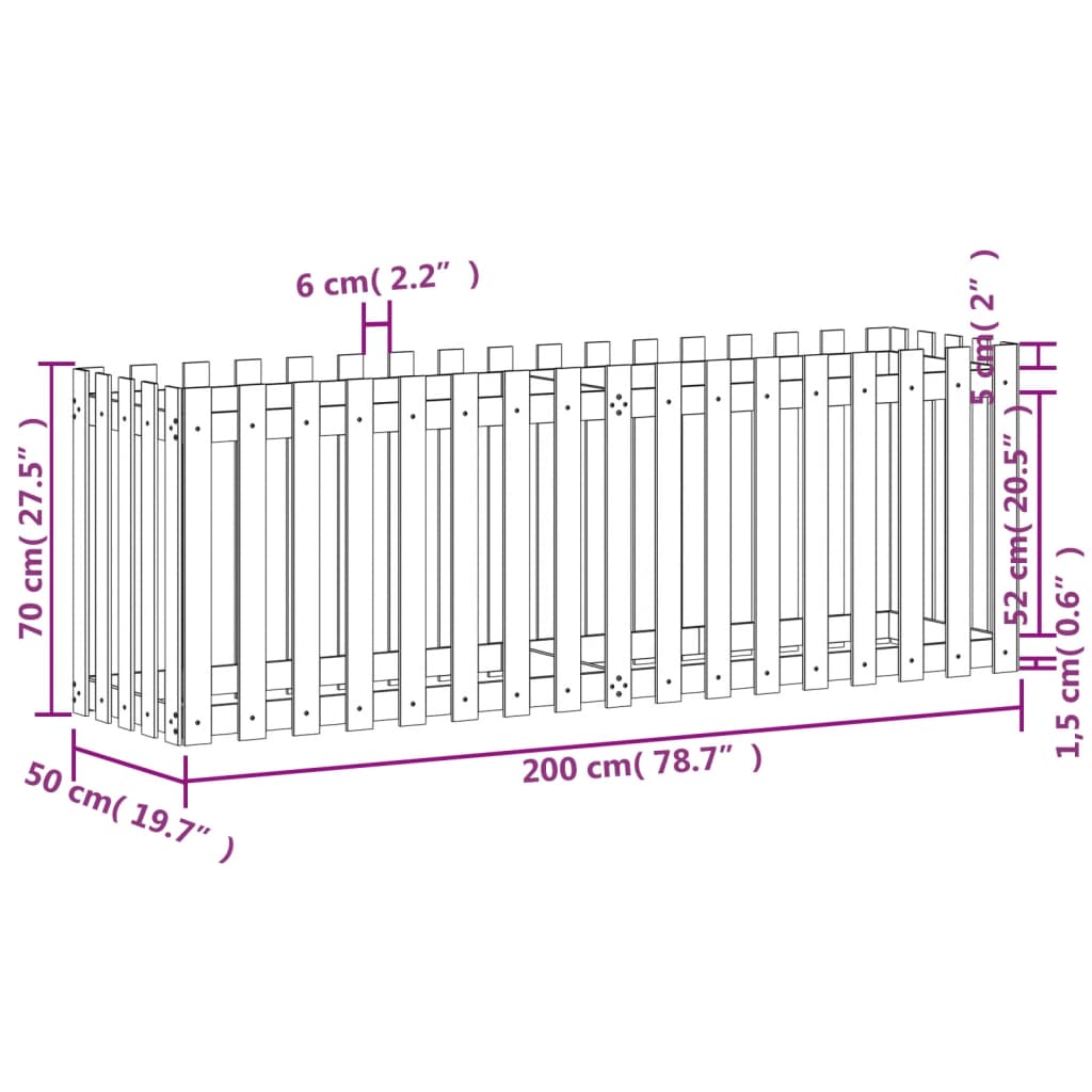 Raised bed picket fence design 200x50x70 cm solid Douglas fir wood