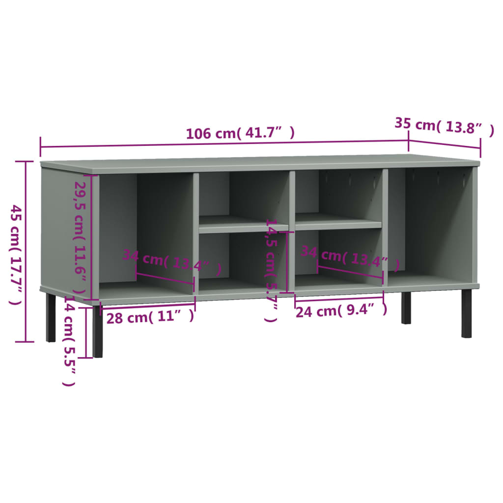 OSLO shoe rack with metal legs gray 106x35x45 cm solid wood