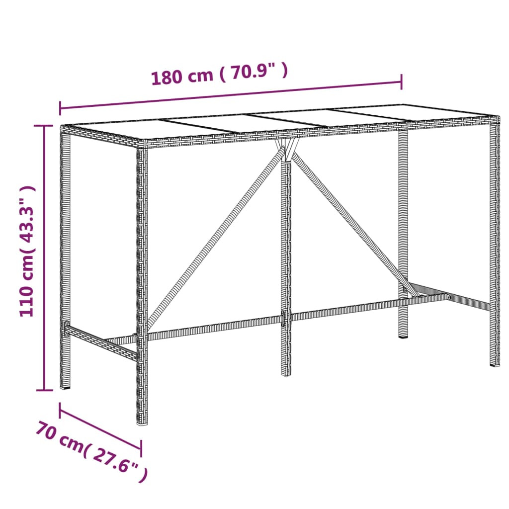 Bar table with glass top black 180x70x110 cm poly rattan
