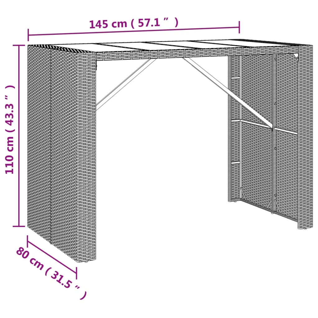 Bar table with glass top brown 145x80x110 cm poly rattan