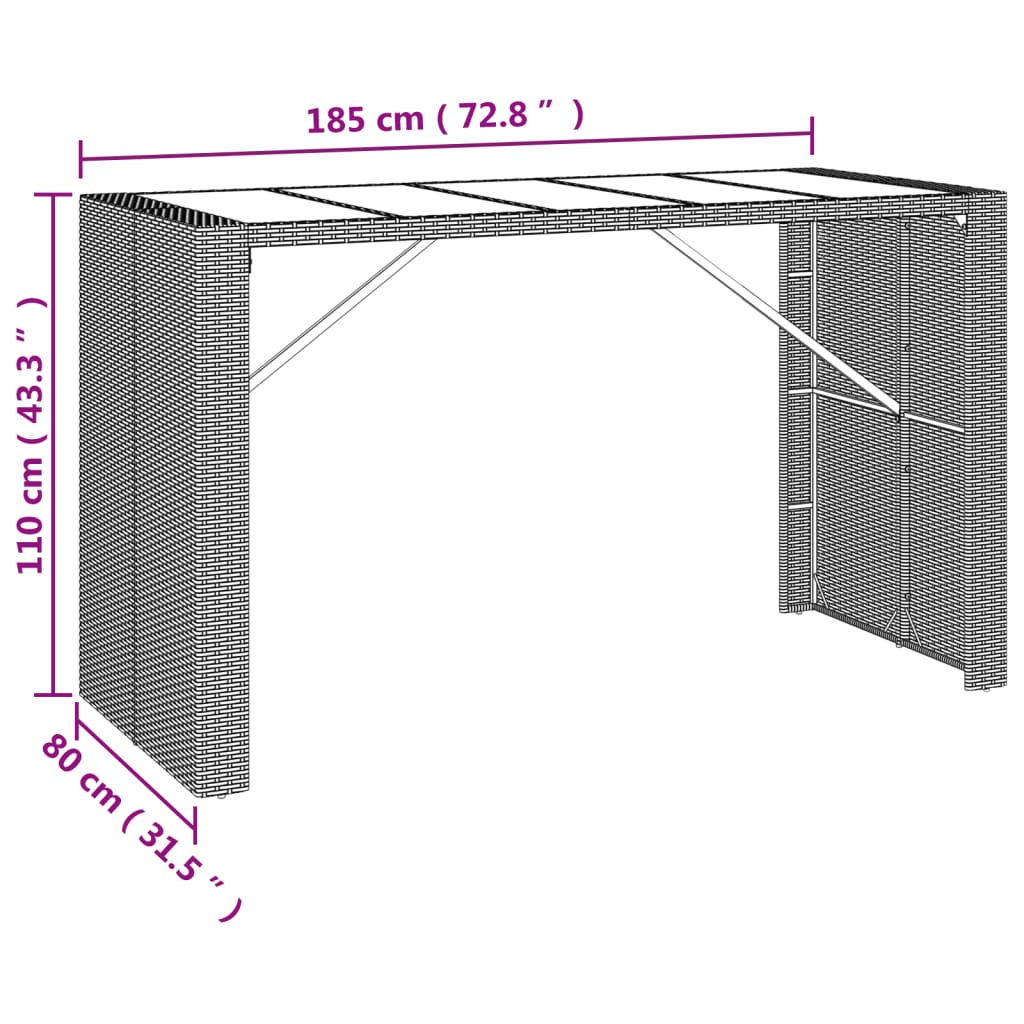 Bar table with glass top brown 185x80x110 cm poly rattan