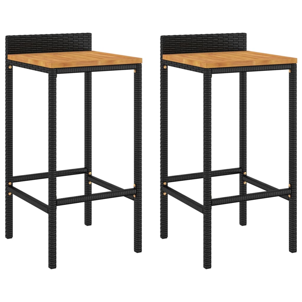 Bar stools 2 pcs. Black poly rattan and solid acacia wood