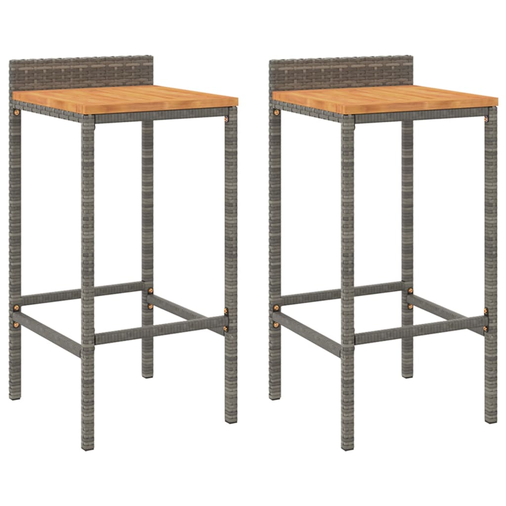 Bar stools 2 pcs. Gray poly rattan and solid acacia wood