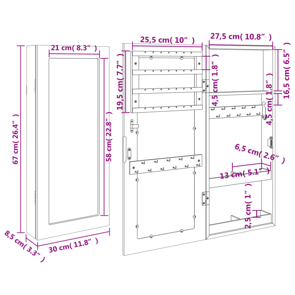Armoire à bijoux avec miroir mural blanc 30x8,5x67 cm