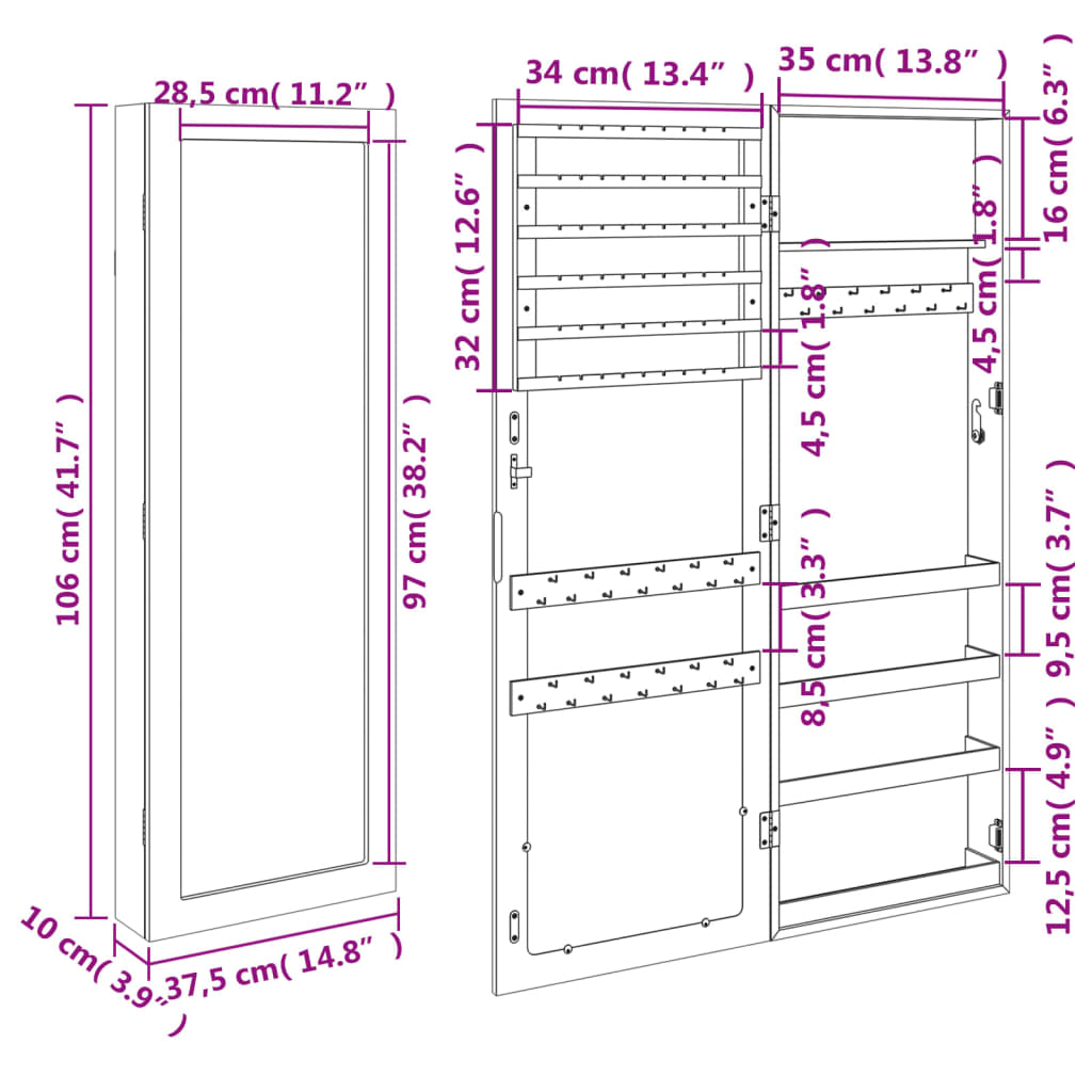 Armoire à bijoux avec miroir mural blanc 37,5x10x106 cm