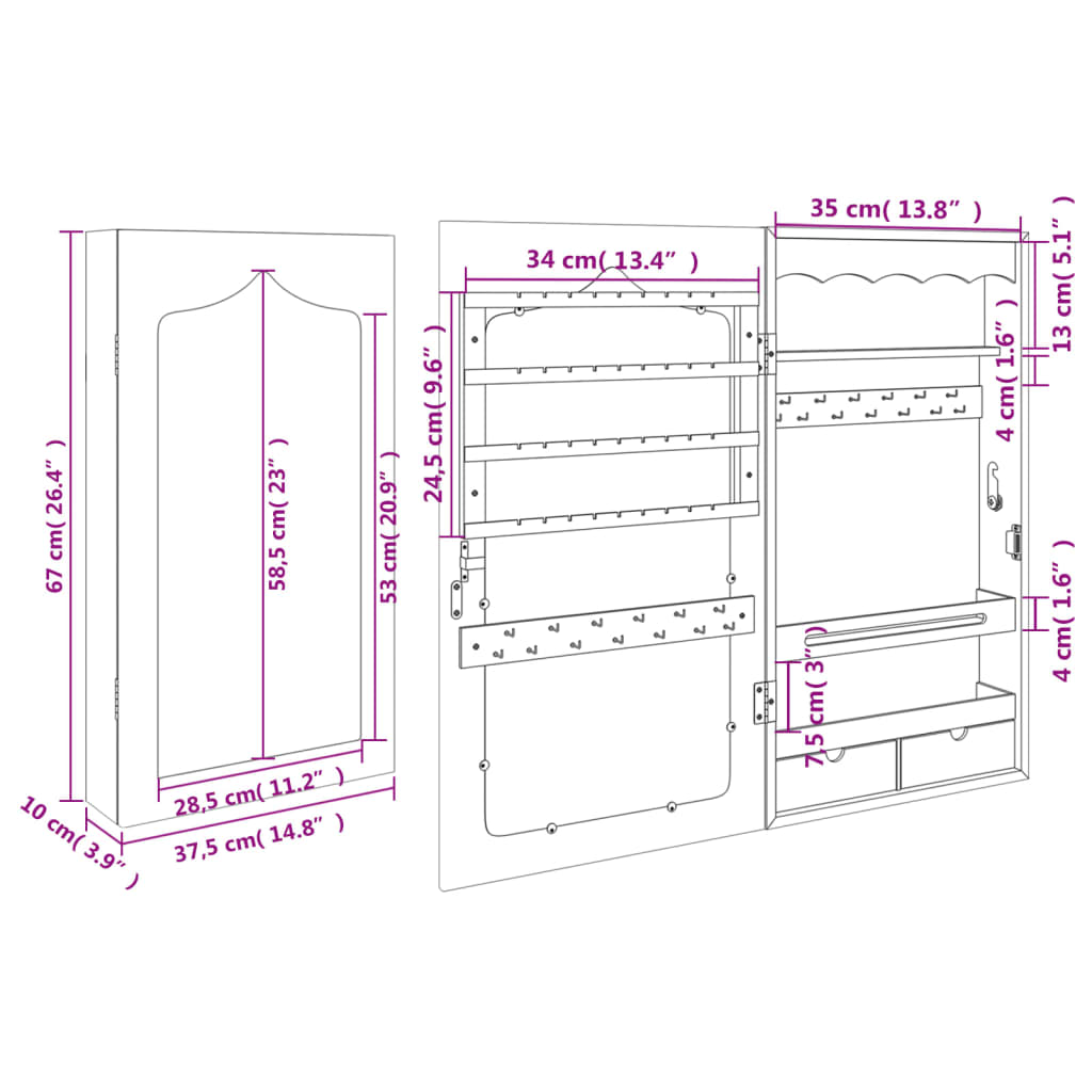 Armoire à bijoux avec miroir mural blanc 37,5x10x67 cm