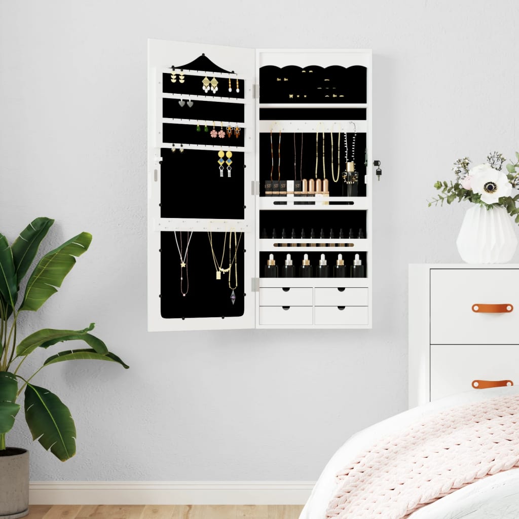 Armoire à bijoux avec miroir mural blanc 37,5x10x90 cm