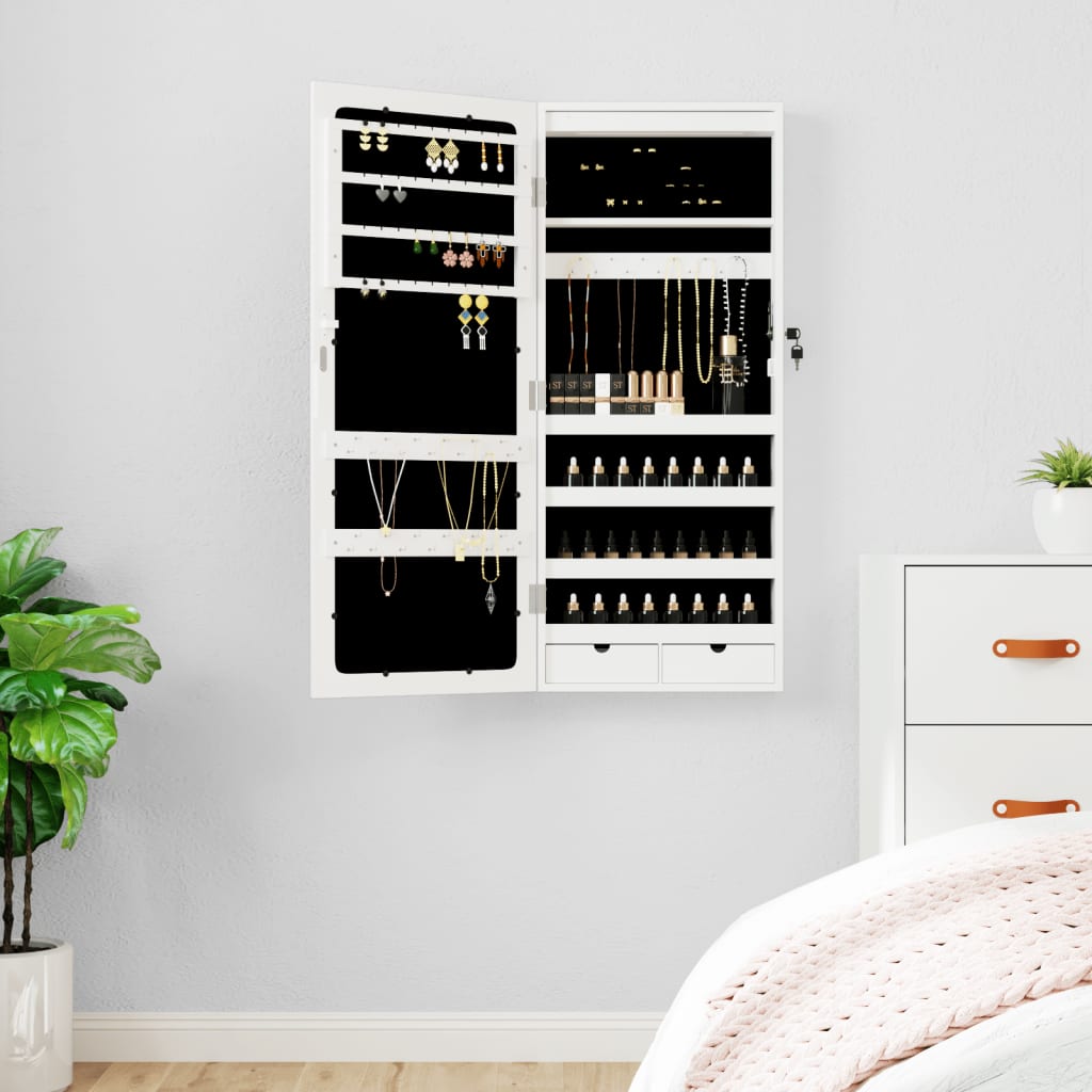 Mirror jewelry cabinet with LED lighting wall mounting white